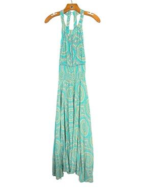 Janse Green Mandala Print Maxi Dress Halter Boho Beachy Viscose  L
